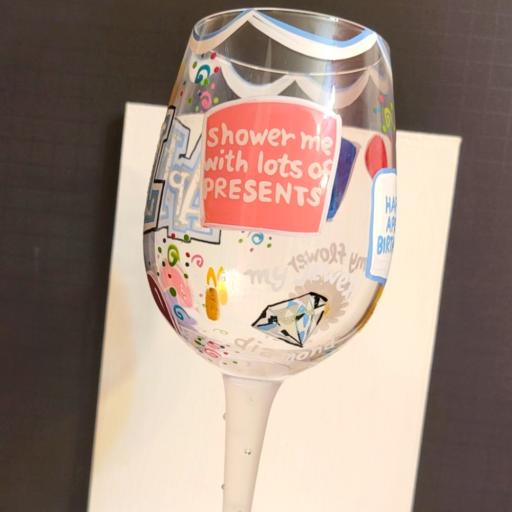 LOLITA HANDPAINTED "HAPPY APRIL" BIRTHDAY WINE GLASS - Picture 3 of 7